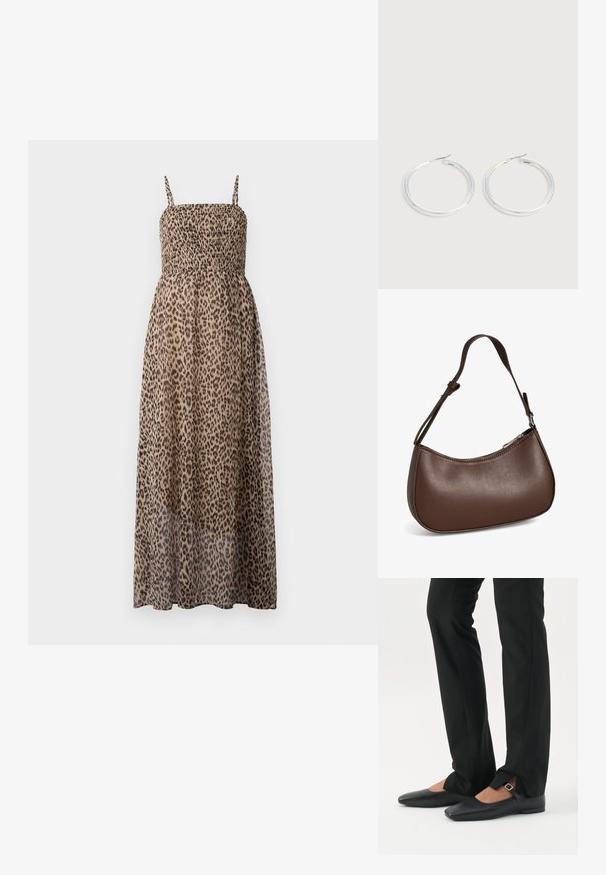 Maxikleid mit Leopardenmuster, gerafftem Oberteil, dünnen Trägern und transparentem Stoff. Es zeichnet sich durch ein fließendes, leichtes Design aus.; Beine in schwarzen schmalen Hosen mit vorderen Schlitzen am Saum, kombiniert mit schwarzen flachen Mary-Jane-Schuhen mit kleinem Schnallenriemen.; Kleine braune Lederschultertasche mit verstellbarem Riemen und Reißverschluss, vor weißem Hintergrund. Kein sichtbares Branding oder Verzierung.; Paar glänzende silberne Creolen mit dünnen Drahtverschlüssen, dargestellt vor einem hellgrauen Hintergrund.