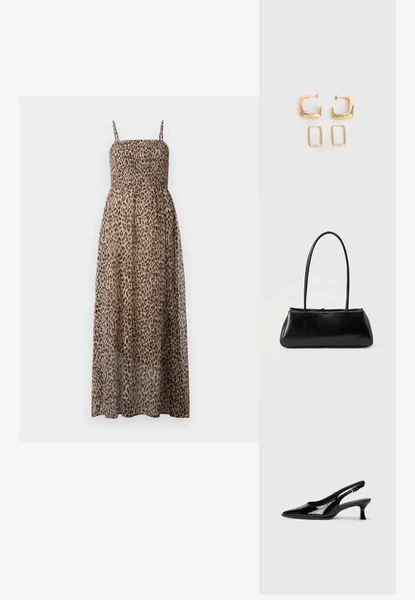 Vestido maxi de estampado de leopardo con un corsé fruncido, tirantes finos y tejido transparente. Presenta un diseño ligero y fluido.; Zapatos de charol negro tipo slingback con punta afilada y tacón bajo. Correa ajustable con hebilla en el tobillo.; Bolso de hombro rectangular negro con correas largas y delgadas y una textura lisa y brillante sobre un fondo liso.; Dos pares de pendientes de aro geométricos en tono dorado sobre una superficie blanca lisa, un par cuadrados y sólidos, un par rectangulares y huecos.