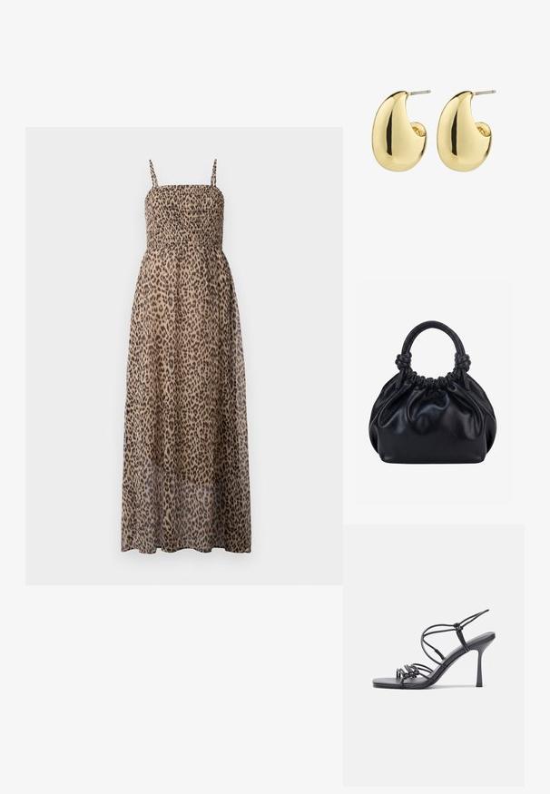 Maxikleid mit Leopardenmuster, gerafftem Oberteil, dünnen Trägern und transparentem Stoff. Es zeichnet sich durch ein fließendes, leichtes Design aus.; Schwarze, hochhackige Sandalen mit dünnen Riemen und einem geknoteten Design, einer glatten, rechteckigen Zehenpartie und einem eleganten Stiletto-Absatz.; Schwarze weiche Lederhandtasche mit gerafftem oberen Teil und zwei dicken, zu Knoten gebundenen Griffen vor einem einfarbigen hellen Hintergrund.; Goldfarbene Steckerohrringe mit einer glatten, glänzenden Oberfläche, die eine abstrahierte, tropfenförmige Form aufweisen. Einfache Metallstiftbefestigung.