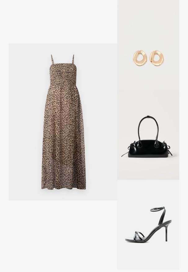 Vestido maxi de estampado de leopardo con un corsé fruncido, tirantes finos y tejido transparente. Presenta un diseño ligero y fluido.; Sandalia de tacón alto de charol negro con tiras finas que cruzan los dedos y una correa con hebilla en el tobillo sobre un fondo blanco.; Pequeño bolso negro brillante con dos asas largas y detalles de cordón lateral sobre un fondo claro liso.; Par de pendientes de aro de metal en tono dorado pulido, de forma irregular y con centro abierto, sobre un fondo blanco liso.
