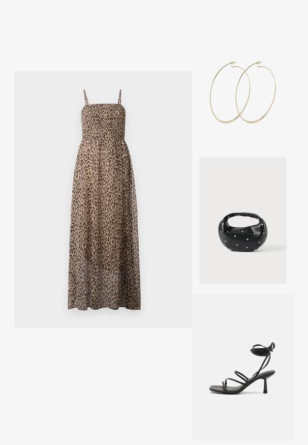 Vestido maxi de estampado de leopardo con un corsé fruncido, tirantes finos y tejido transparente. Presenta un diseño ligero y fluido.; Sandalia negra de tiras con punta cuadrada, lazos ajustables en el tobillo y un tacón bloque delgado. Fabricada con un material suave y duradero.; Bolso de mano de cuero negro con forma redondeada, decorado con detalles de tachuelas plateadas y un asa corta. Textura lisa y cierre con cremallera.; Pilgrim Pendientes - gold-coloured