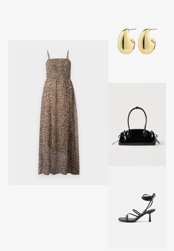 Maxikleid mit Leopardenmuster, gerafftem Oberteil, dünnen Trägern und transparentem Stoff. Es zeichnet sich durch ein fließendes, leichtes Design aus.; Schwarze Sandale mit Riemchen, quadratischer Zehenpartie, verstellbaren Knöchelbindungen und einem schmalen Blockabsatz. Hergestellt aus einem glatten, strapazierfähigen Material.; Kleine schwarze glänzende Handtasche mit zwei langen Griffen und seitlichen Kordelzug-Details vor einfachem hellem Hintergrund.; Goldfarbene Steckerohrringe mit einer glatten, glänzenden Oberfläche, die eine abstrahierte, tropfenförmige Form aufweisen. Einfache Metallstiftbefestigung.