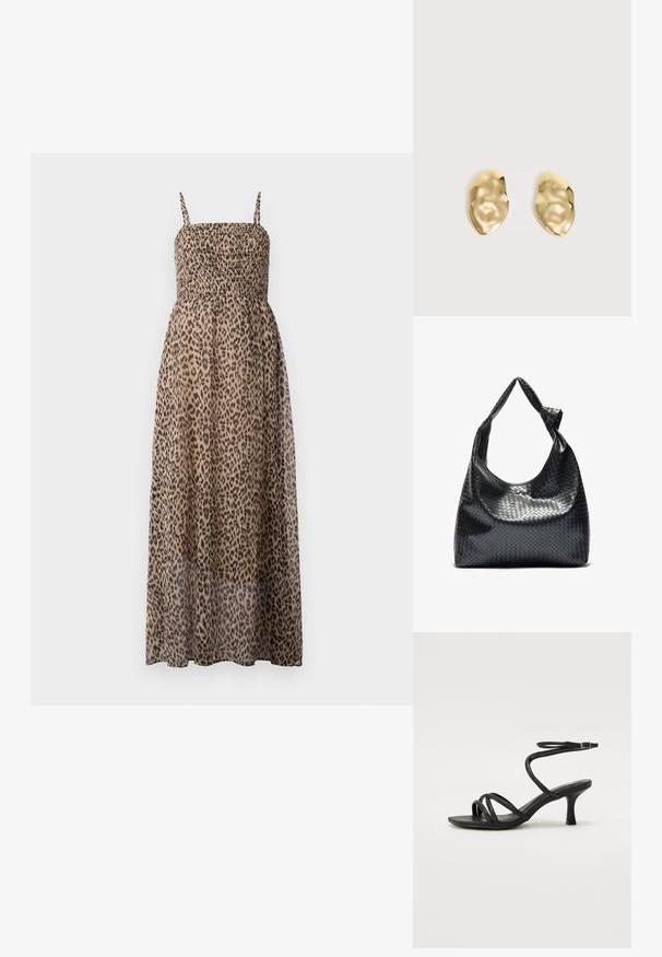 Maxi šaty s leopardím vzorom, s naťahovaným živôtikom, tenkými ramienkami a priesvitným materiálom. Majú voľný, ľahký strih.; Even&Odd Wide Fit Sandále - black; Čierna tkaná kožená kabelka s voľným dizajnom, vybavená uzlovou rukoväťou a malým dekoratívnym zlatým nýtom na vrchu.; Pár lesklých, nepravidelne tvarovaných zlatých kovových náušníc s pokrčeným, hladkým povrchom na jednoduchom svetlom pozadí.