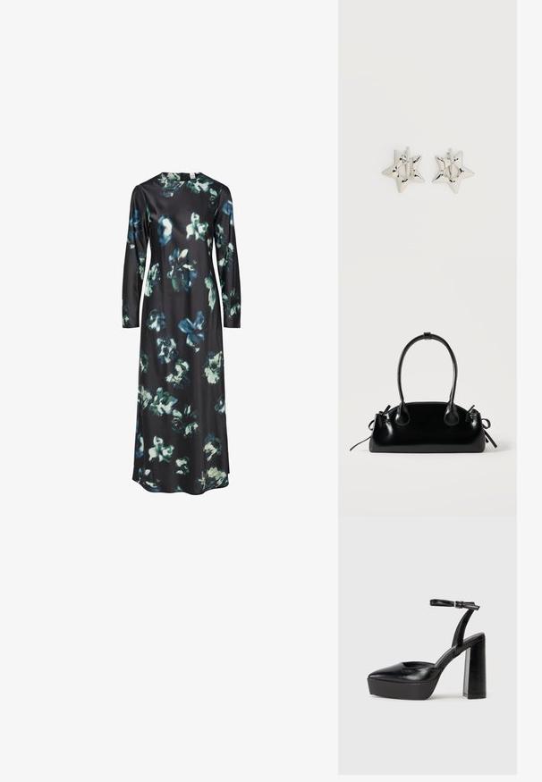 Vestido de manga larga en tela negra con un estampado floral en azules y verdes. Escote redondo con una silueta simple y elegante.; Zapatos de tacón negro con punta afilada y correa ajustable en el tobillo. Confeccionados en cuero suave, presentan un tacón grueso.; Pequeño bolso negro brillante con dos asas largas y detalles de cordón lateral sobre un fondo claro liso.; Pendientes de aro plateados en forma de estrella con un acabado liso y pulido sobre un fondo blanco liso.