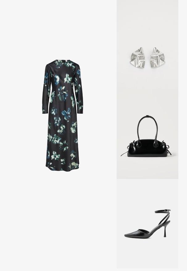 Robe à manches longues en tissu noir ornée d'un motif floral en nuances de bleu et de vert. Encolure ronde avec une silhouette simple et épurée.; Escarpin noir à bout pointu avec fines brides de cheville et fermeture à boucle argentée sur fond clair uni.; Petit sac à main noir brillant avec deux longues anses et des détails à cordon sur les côtés sur un fond clair uni.; Boucles d'oreilles en métal argenté avec un design ondulé et sculptural, présentant une finition polie et des formes irrégulières, mettant en valeur une esthétique contemporaine.