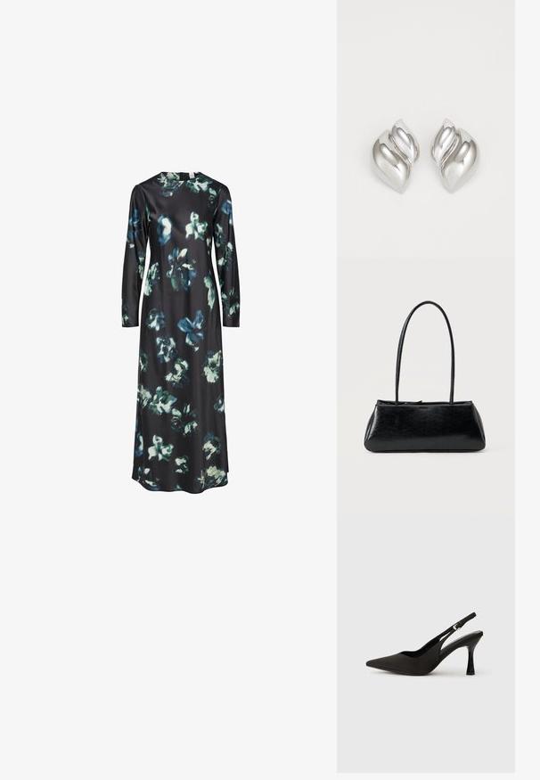 Vestido de manga larga en tela negra con un estampado floral en azules y verdes. Escote redondo con una silueta simple y elegante.; Zapatos de tacón negro tipo slingback con puntera afilada, acabado mate suave y un tacón delgado y brillante. Correa ajustable con detalle de hebilla pequeña.; Bolso de hombro rectangular negro con correas largas y delgadas y una textura lisa y brillante sobre un fondo liso.; Pendientes de plata con una forma orgánica y abstracta. Superficie lisa y brillante con un diseño cónico. Presentan suaves curvas y un detalle de línea central.