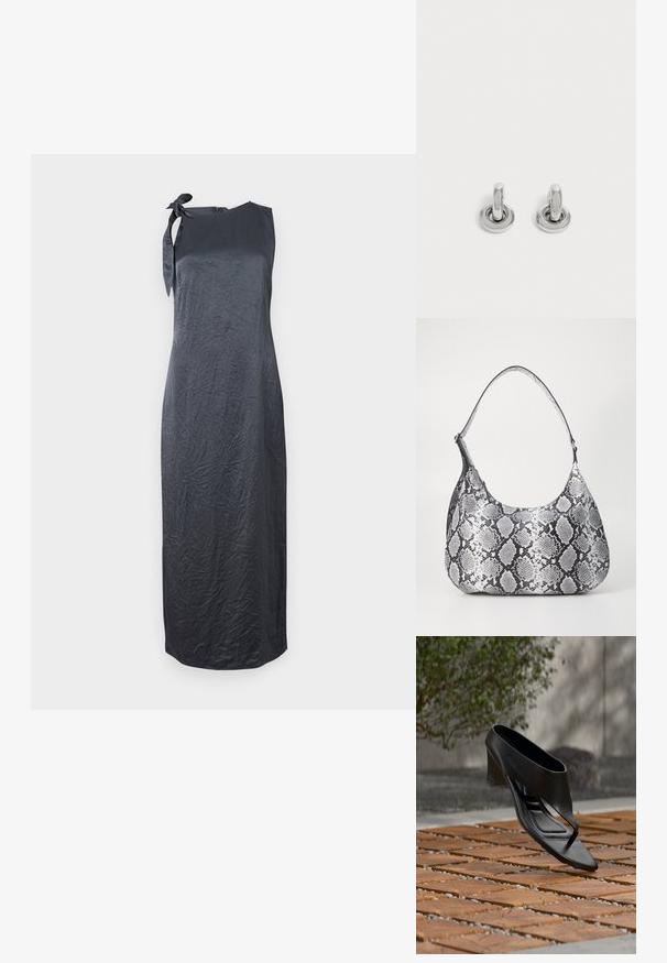 Schwarzes ärmelloses Kleid mit einem Bindedetail an der linken Schulter, aus einem glatten, geknitterten Stoff gefertigt, mit einer geraden Silhouette und knielanger Länge.; Schwarze High-Heeled Sandale mit Zehensteg, schwebend über einer gemusterten Holz- und Kiesaußenfläche mit verschwommenem Grün und Wand im Hintergrund.; Schultertasche im schwarz-weißen Schlangenprint mit runder Form, glatter Textur und gebogenem Tragegurt. Mit einem silbernen Hardware-Akzent.; Paar kleine, glänzende silberne Creolen mit rundem Sockel, auf einfachem hellem Hintergrund präsentiert.