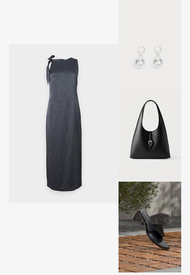 Schwarzes ärmelloses Kleid mit einem Bindedetail an der linken Schulter, aus einem glatten, geknitterten Stoff gefertigt, mit einer geraden Silhouette und knielanger Länge.; Schwarze Calvin Klein Sandale mit Absatz und Zehenschlaufe auf einem Holzkachelfußboden im Freien neben einem Baum und einer Steinmauer.; Schwarze Lederhandtasche mit einem einzelnen Griff und einem Verschlussriemen mit silberner Schnalle vor weißem Hintergrund.; Silberne Tropfenohrringe mit glatten, runden, reflektierenden Oberflächen, die an Hakenverschlüssen hängen. Der Hintergrund ist reinweiß.