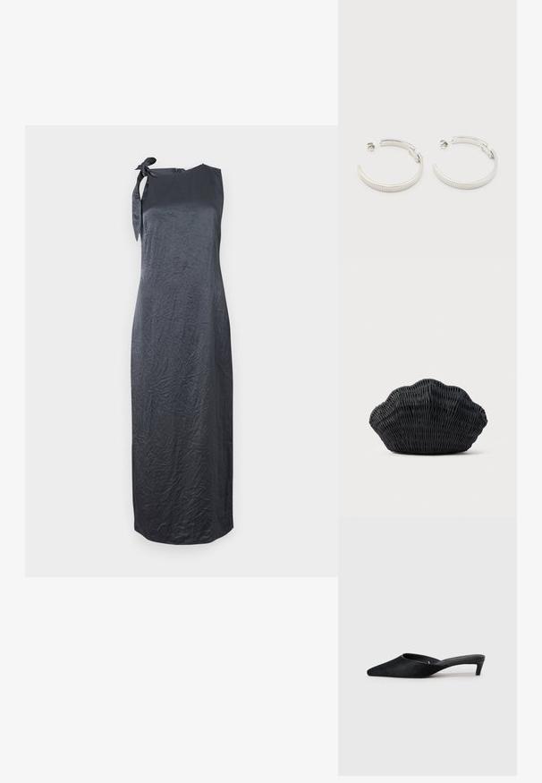Vestido negro sin mangas con un detalle de lazo en el hombro izquierdo, hecho de una tela suave y arrugada, que presenta una silueta recta y un corte hasta la rodilla.; Mules de ante negro con puntera afilada y tacón bajo. Presentan una textura suave y una parte trasera abierta para facilitar su uso. Diseño sencillo sin patrones.; Bolso de mimbre negro con forma de concha de vieira con parte superior curva y textura tejida sobre un fondo liso.; Pendientes de aro semicírculo en tono plateado con textura acanalada y cierre de presión sobre fondo blanco.