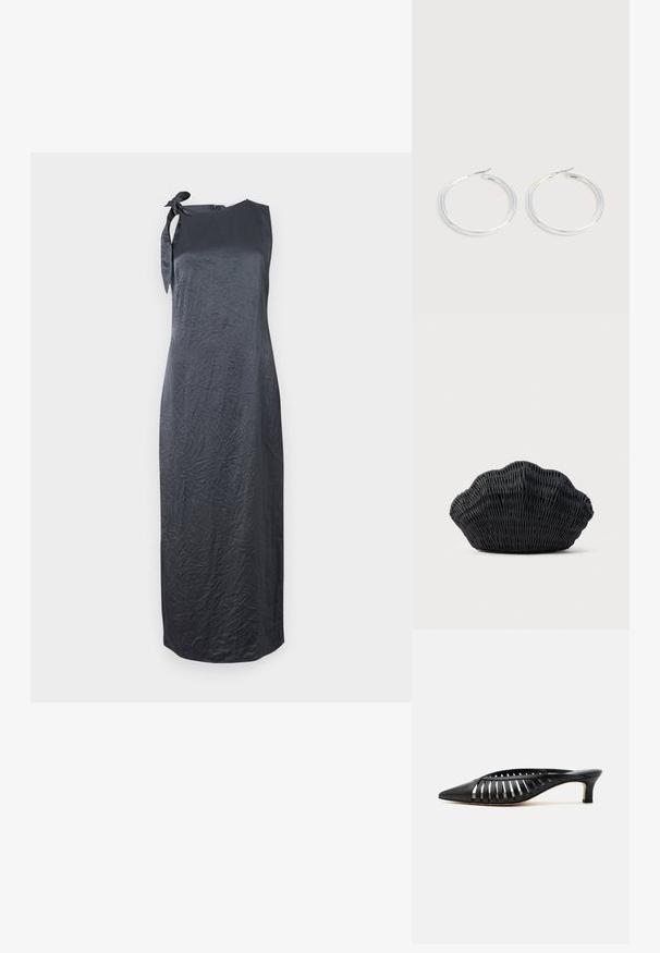 Schwarzes ärmelloses Kleid mit einem Bindedetail an der linken Schulter, aus einem glatten, geknitterten Stoff gefertigt, mit einer geraden Silhouette und knielanger Länge.; Schwarze Leder-Mule mit spitzer Schuhspitze, Riemchen-Design und niedrigem Kittenheel auf weißem Hintergrund.; Schwarze Korbtasche in Muschelform mit gebogenem Oberteil und gewebter Textur auf einfarbigem Hintergrund.; Paar glänzende silberne Creolen mit dünnen Drahtverschlüssen, dargestellt vor einem hellgrauen Hintergrund.