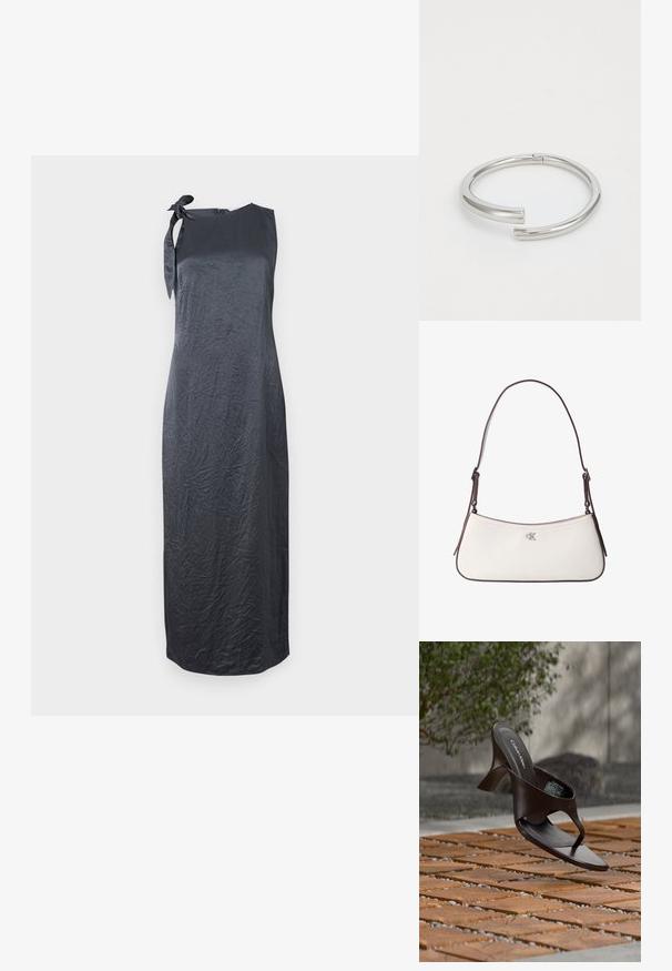 Schwarzes ärmelloses Kleid mit einem Bindedetail an der linken Schulter, aus einem glatten, geknitterten Stoff gefertigt, mit einer geraden Silhouette und knielanger Länge.; Braune Calvin Klein Sandalette mit Absatz und Zehensteg, schwebend über einem Boden aus Holzfliesen und Kies im Freien, mit verschwommenem Grün und Stein im Hintergrund.; Weiße Leder-Schultertasche mit dunkelbraunen Besätzen und verstellbarem Riemen, mit kleinem silbernem "cK"-Logo in der Mitte vorne.; Calvin Klein SPIRAL - Armband - silver-coloured