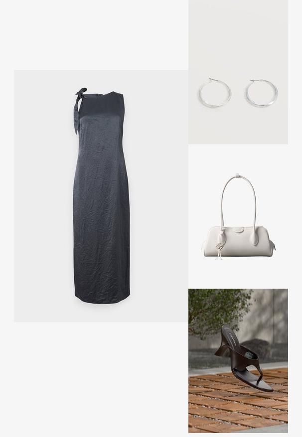 Vestido negro sin mangas con un detalle de lazo en el hombro izquierdo, hecho de una tela suave y arrugada, que presenta una silueta recta y un corte hasta la rodilla.; Sandalia de tiras con tacón marrón de Calvin Klein suspendida sobre suelo exterior de loseta de madera y grava, con fondo desenfocado de vegetación y piedras.; Bolso de hombro blanco de Calvin Klein con asas largas, forma rectangular, cierre de cremallera y charm decorativo con el logo colgando cerca del asa.; Pendientes de aro de metal plateado con superficie lisa y ligeramente curvada y cierre de tipo mosquetón sobre un fondo blanco liso.
