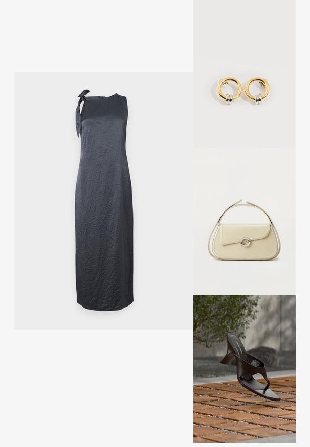 Schwarzes ärmelloses Kleid mit einem Bindedetail an der linken Schulter, aus einem glatten, geknitterten Stoff gefertigt, mit einer geraden Silhouette und knielanger Länge.; Braune Calvin Klein Sandalette mit Absatz und Zehensteg, schwebend über einem Boden aus Holzfliesen und Kies im Freien, mit verschwommenem Grün und Stein im Hintergrund.; Cremefarbene Ledertasche mit geschwungener Klappe, rundem silbernem Verschluss und kurzem Tragegriff vor einfachem weißem Hintergrund.; Goldene runde Ohrringe mit jeweils zwei kleinen silbernen Ringen, die dezent gravierte Markennamen zeigen, vor weißem Hintergrund platziert.