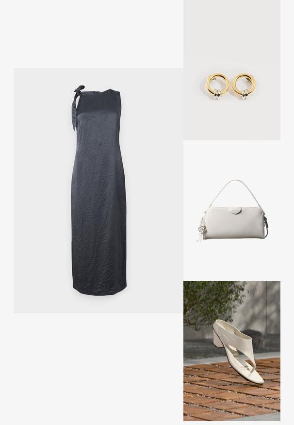 Vestido negro sin mangas con un detalle de lazo en el hombro izquierdo, hecho de una tela suave y arrugada, que presenta una silueta recta y un corte hasta la rodilla.; Sandalia de tacón de cuero blanco con una tira ancha y separador de dedos, mostrada al aire libre sobre una superficie de madera y baldosas de grava con vegetación al fondo.; Bolso rectangular blanco de Calvin Klein con un solo asa, diseño minimalista y borlas decorativas con un charm metálico geométrico en el lateral.; Pendientes circulares de oro con dos pequeños anillos de plata en cada uno, que muestran detalles sutiles del nombre de la marca grabado, colocados sobre un fondo blanco.
