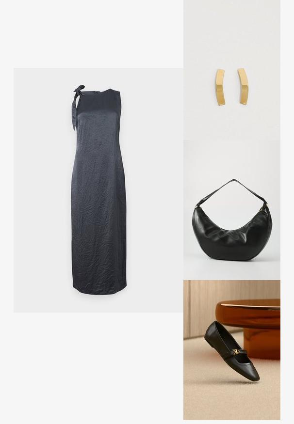 Schwarzes ärmelloses Kleid mit einem Bindedetail an der linken Schulter, aus einem glatten, geknitterten Stoff gefertigt, mit einer geraden Silhouette und knielanger Länge.; Schwarzer flacher Lederschuh mit spitzer Kappe und goldenem CK-Logo auf dem Riemen, auf beigem Teppich neben einem runden bernsteinbraunen Tisch platziert.; Schwarze Leder-Schultertasche mit geschwungener Form, weicher Textur und einem einzelnen Riemen; verfügt über einen goldenen Reißverschluss und dezente Markenkennzeichnung.; Ohrringe aus goldfarbenem Metall mit einem geschwungenen, elongated Design. Die Oberfläche ist glatt und poliert und zeigt einen minimalistischen Stil.