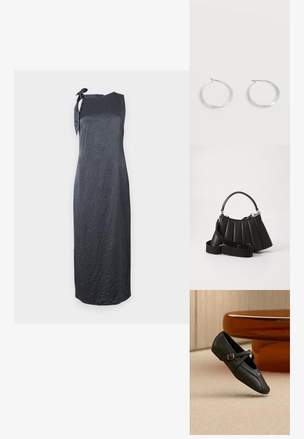 Schwarzes ärmelloses Kleid mit einem Bindedetail an der linken Schulter, aus einem glatten, geknitterten Stoff gefertigt, mit einer geraden Silhouette und knielanger Länge.; Schwarzer Mary Jane Schuh mit seitlicher Schnalle und kleinem metallischem Logo, auf einem beigen Teppich neben einem braunen runden Tisch platziert.; Schwarze, gefaltete Handtasche mit einem runden Griff, verstellbarem Schulterriemen und glänzender Textur. Verfügt über silberne Hardware und eine strukturierte Silhouette.; Silberne Metallcreolen mit glatter, leicht gebogener Oberfläche und Klappverschluss vor schlicht weißem Hintergrund.
