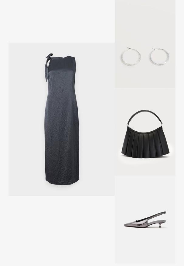 Čierne bezrukávové šaty s detailom na viazanie na ľavom ramene, vyrobené z hladkej, krčenej tkaniny, s rovnou siluetou a dĺžkou po kolená.; Metalicky sivá slingback obuv so špicatou špičkou, nízkym kitten podpätkom a nastaviteľným remienkom na bielom pozadí.; Čierna skladaná kabelka vyrobená z umelého kože, s oblúkovou rukoväťou a vrchným zapínaním na zips. Hladká textúra so štruktúrovaným dizajnom.; Strieborné kovové kruhové náušnice s hladkým, mierne zakriveným povrchom a zapínaním na poistku na jednoduchom bielom pozadí.
