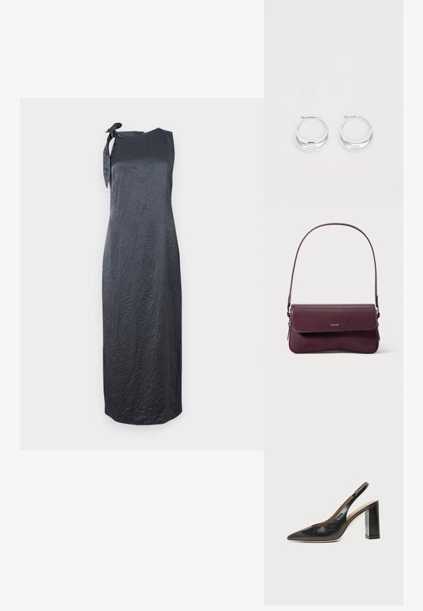Vestido negro sin mangas con un detalle de lazo en el hombro izquierdo, hecho de una tela suave y arrugada, que presenta una silueta recta y un corte hasta la rodilla.; Zapato slingback de piel negra con puntera puntiaguda, tacón alto y ancho, y forro interior beige sobre un fondo claro y liso.; Bolso de cuero burdeos con un diseño estructurado, que cuenta con un cierre de solapa y una correa ajustable. Detalle del logotipo grabado en la parte frontal.; Pendientes de aro de plata con un acabado pulido y la marca DKNY, exhibidos sobre un fondo blanco liso.