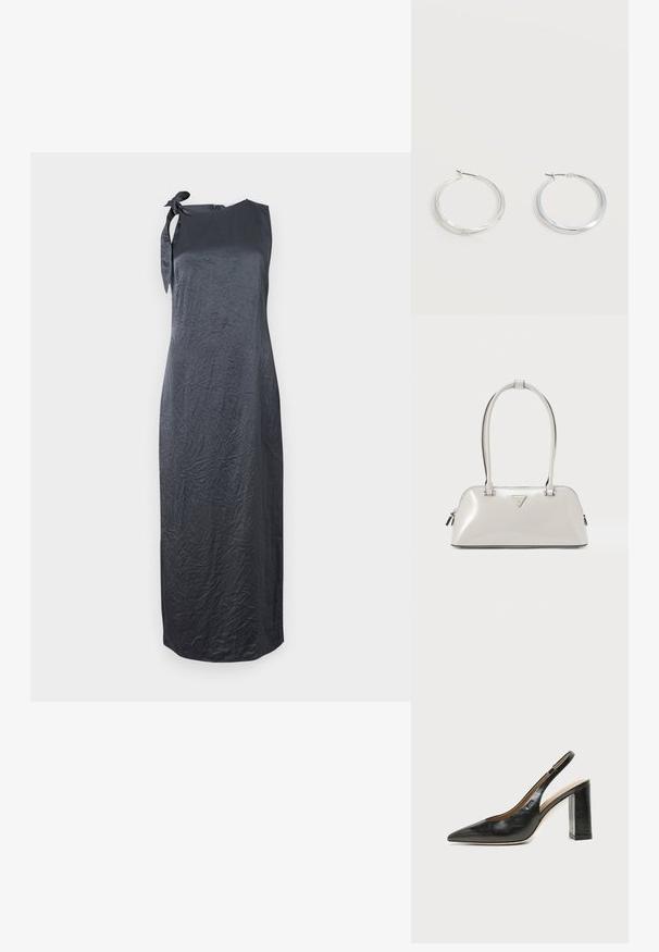 Zwarte mouwloze jurk met een strikdetail op de linkerschouder, gemaakt van een gladde, gekreukte stof. De jurk heeft een rechte snit en is knie-lang.; Zwarte leren slingback schoen met spits toelopend neusje, hoge blokhak en beige binnenvoering tegen een effen lichte achtergrond.; Glanzende lichtgrijze handtas met een afgeronde vorm, dubbele handvatten en een driehoekig logo. Voorzien van een ritssluiting en metalen accenten.; Zilverkleurige metalen creolen oorbellen met een glad, licht gebogen oppervlak en sluitingen met haaksluiting op een effen witte achtergrond.