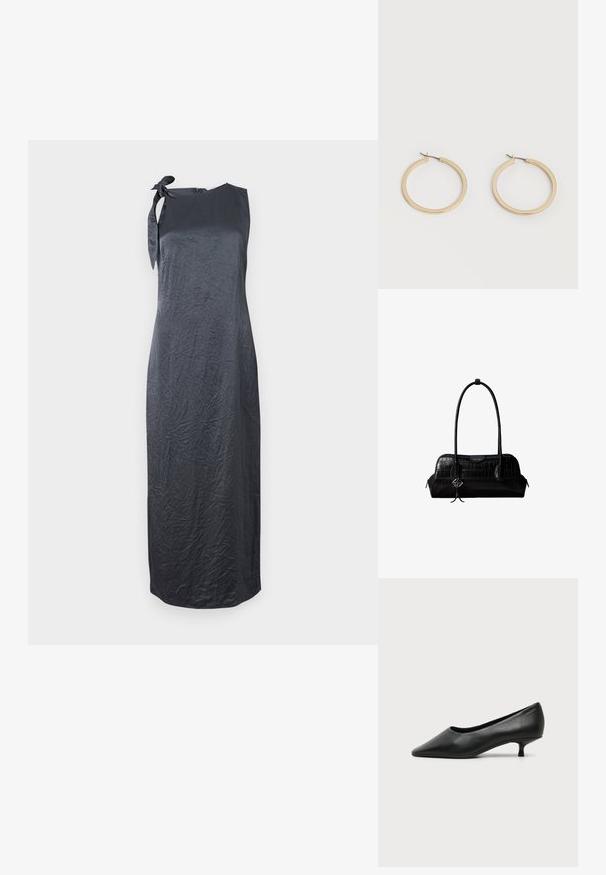 Vestido negro sin mangas con un detalle de lazo en el hombro izquierdo, hecho de una tela suave y arrugada, que presenta una silueta recta y un corte hasta la rodilla.; Zapato de mujer negro de cuero con tacón bajo, puntera puntiaguda y pequeño tacón kitten sobre fondo claro liso.; Bolso de hombro negro de cuero con textura de cocodrilo, con correas largas y un pequeño colgante de logo plateado en una correa.; Par de pendientes de aro de tamaño mediano con tono dorado y cierre de bisagra sobre un fondo claro y liso.
