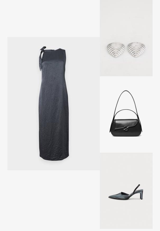 Robe noire sans manches avec un nœud sur l'épaule gauche, fabriquée à partir d'un tissu lisse et froissé, présentant une silhouette droite et une coupe au genou.; Escarpin noir à bride arrière avec un bout pointu, une finition satinée élégante et un talon fin de 7,5 cm. Design latéral ouvert avec des détails de couture minimalistes.; Sac à bandoulière en cuir noir avec un rabat incurvé fermé par un fermoir métallique rond et une sangle fine et ajustable.; Boucles d'oreilles en argent avec un design ondulé et texturé, en forme de croissants superposés ; la finition polie accentue les qualités réfléchissantes.