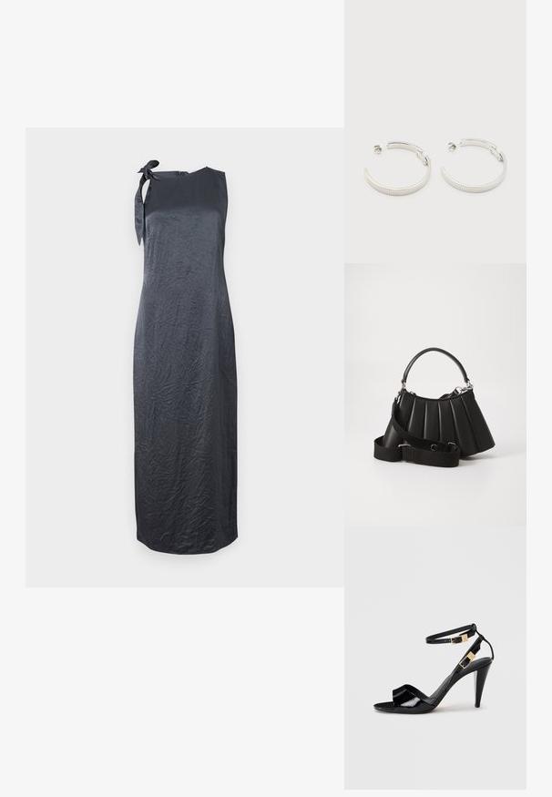 Schwarzes ärmelloses Kleid mit einem Bindedetail an der linken Schulter, aus einem glatten, geknitterten Stoff gefertigt, mit einer geraden Silhouette und knielanger Länge.; Schwarze, lackierte High-Heeled-Sandalen mit doppelten Knöchelriemen und goldenen Schnallen, Zehen offen und schlankem, spitz zulaufendem Absatz auf neutralem Hintergrund.; Schwarze, gefaltete Handtasche mit einem runden Griff, verstellbarem Schulterriemen und glänzender Textur. Verfügt über silberne Hardware und eine strukturierte Silhouette.; Ohrstecker in Silberoptik, halbkreisförmig mit geriffelter Textur und Steckverschlüssen, auf weißem Hintergrund.