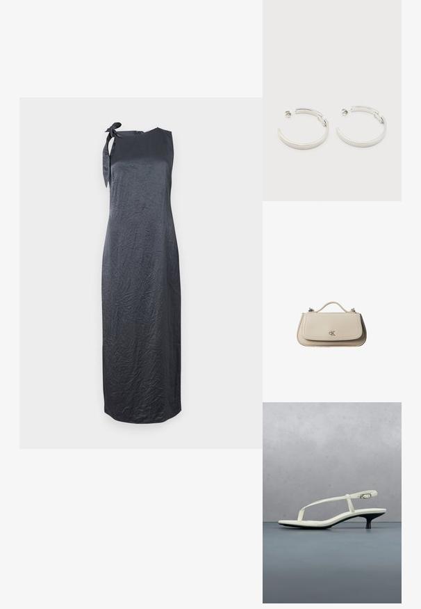 Vestido negro sin mangas con un detalle de lazo en el hombro izquierdo, hecho de una tela suave y arrugada, que presenta una silueta recta y un corte hasta la rodilla.; Sandalia blanca de tacón kitten con tiras y punta afilada, flotando sobre un suelo de baldosas de madera al aire libre, con un fondo desenfocado de plantas y pared.; Pequeño bolso de mano de cuero beige con asa superior y logo plateado de CK en la solapa frontal, mostrado sobre un fondo blanco.; Pendientes de aro semicírculo en tono plateado con textura acanalada y cierre de presión sobre fondo blanco.