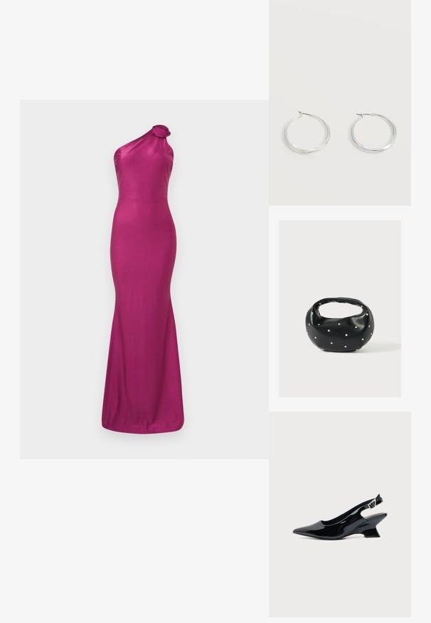 Robe de soirée fuchsia à une épaule en tissu lisse et brillant. Présente un détail de nœud floral à l'épaule et une silhouette sirène ajustée.; Chaussure slingback en cuir verni noir avec bout pointu et petit talon bloc incliné sur fond clair uni.; Sac à main en cuir noir de forme arrondie, décoré de clous argentés et équipé d'une poignée courte. Texture lisse et fermeture éclair.; Boucles d’oreilles créoles en métal argenté avec une surface lisse légèrement incurvée et des fermoirs à clapet sur un fond blanc uni.