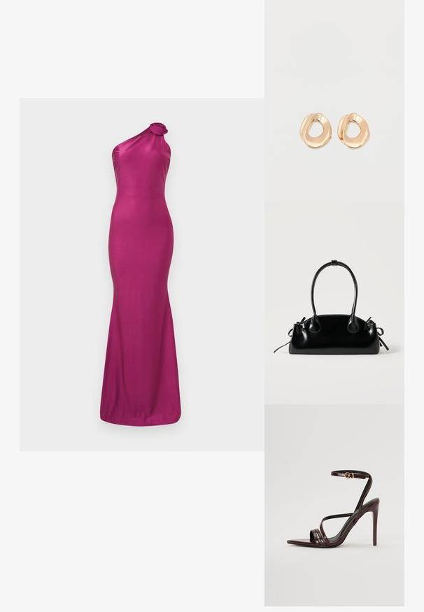 Robe de soirée fuchsia à une épaule en tissu lisse et brillant. Présente un détail de nœud floral à l'épaule et une silhouette sirène ajustée.; Sandale à talons hauts en cuir verni bourgogne avec une bride de cheville, bout pointu et trois bandes horizontales sur le pied. Détail de boucle dorée.; Petit sac à main noir brillant avec deux longues anses et des détails à cordon sur les côtés sur un fond clair uni.; Paired boucles d'oreilles en métal doré poli de forme irrégulière avec un centre ouvert sur un fond blanc uni.