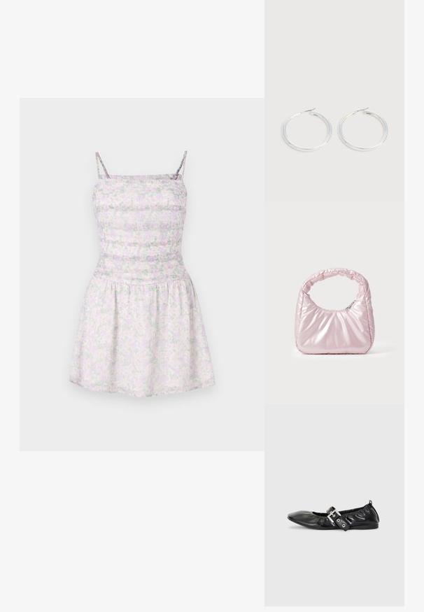 Robe à imprimé floral avec des bretelles spaghetti en violet clair et vert. Corsage ajusté avec texture plissée, jupe fluide en tissu léger.; Chaussure plate en cuir noir avec un nez pointu, des détails froncés autour de l'ouverture et un accent en boucle argentée sur la bride ajustable.; Sac à main rose rembourré avec un design arrondi, fabriqué à partir d'un matériau brillant. Dispose d'une poignée froncée et d'une fermeture éclair pour un accès sécurisé.; Paire de boucles d'oreilles créoles argentées brillantes avec fermoirs en fil fin, présentée sur un fond gris clair.