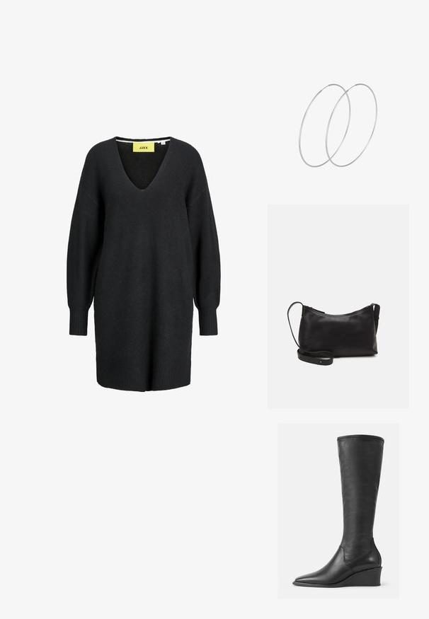 Vestido suéter de punto negro de manga larga con cuello en V y puños y dobladillo acanalados, con una etiqueta amarilla de la marca JJXX en el interior del escote.; Botas de cuero negras hasta la rodilla con una textura suave, puntera afilada y tacón de cuña; presentan un borde cosido en la parte superior.; Bolso de hombro de cuero negro con una textura suave, forma curvada, correa ajustable y cierre con cremallera. Diseño minimalista sin adornos.; Pendientes de aro plateados con un diseño minimalista. Forma circular, textura suave y perfil delgado. Livianos con un acabado pulido.