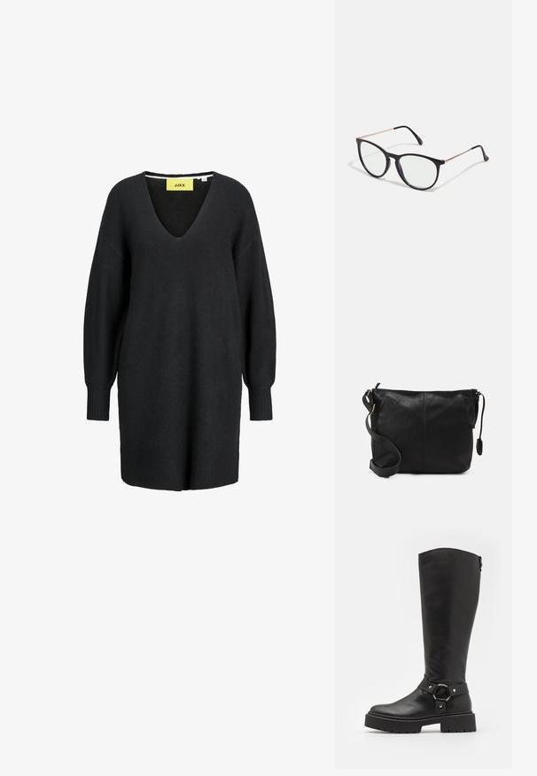 Čierne pletené šaty s dlhým rukávom, výstrihom do V a rebrovanými manžetami a lemom, so žltou štítkom značky JJXX vo vnútri výstrihu.; Čierna kožená vysoká čižma po koleno s ozdobným okrúhlym prackou. Má pevnú podrážku a textúrovaný povrch, hladký zvršok a nastaviteľný remienok.; Čierne slnečné okuliare v štýle mačacieho oka s priehľadnými sklami, tenkými kovovými akcentmi v ružovom zlate a hladkými čiernymi plastovými rámami. Elegantný dizajn a zakrivené nožičky.; Čierna kožená crossbody taška s plochým tvarom, zlatými kovovými akcentmi a nastaviteľným popruhom. Hladký povrch s minimálnymi švíkmi.