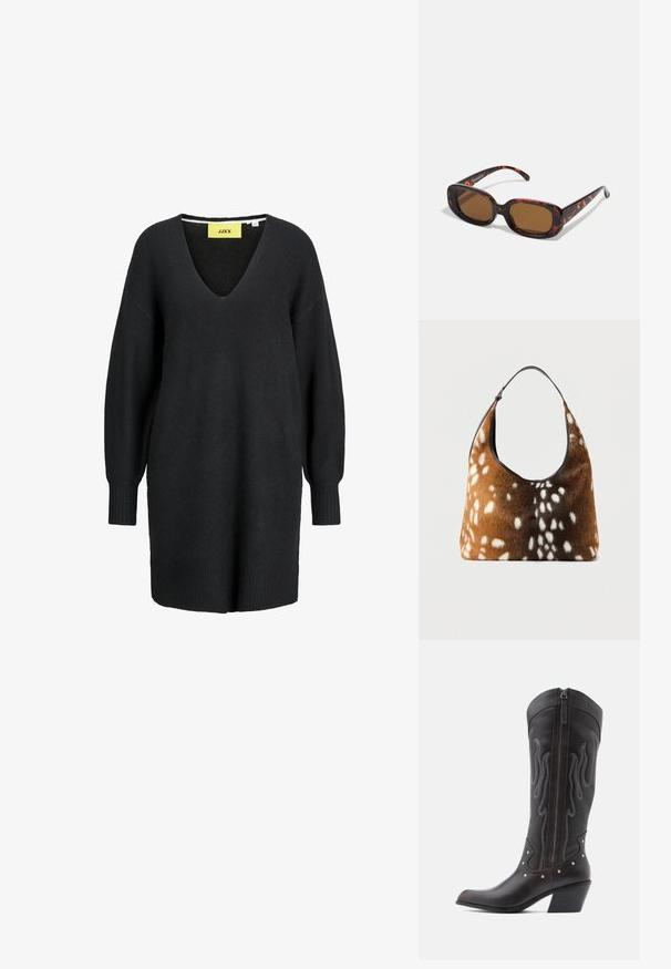 Vestido suéter de punto negro de manga larga con cuello en V y puños y dobladillo acanalados, con una etiqueta amarilla de la marca JJXX en el interior del escote.; Botas de cowboy de cuero marrón con costuras en forma de llama, cremallera lateral, tachuelas plateadas, punta puntiaguda y tacón apilado.; Gafas de sol de carey con forma rectangular, lentes marrones, montura de plástico suave y varillas delgadas que presentan sutiles patrones tonales.; Bolso marrón y negro con textura de piel blanca con manchas y una sola correa negra para el hombro sobre un fondo liso.