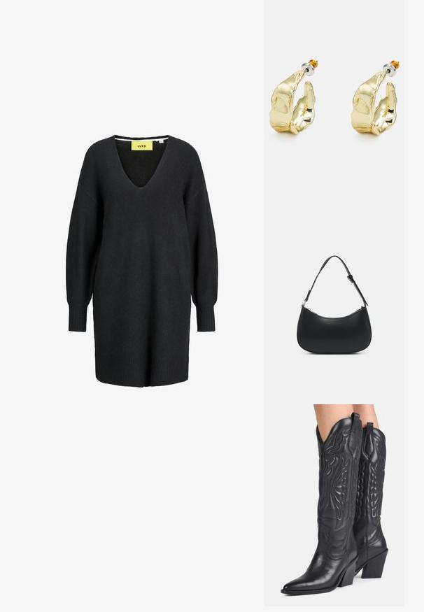 Vestido suéter de punto negro de manga larga con cuello en V y puños y dobladillo acanalados, con una etiqueta amarilla de la marca JJXX en el interior del escote.; Botas vaqueras negras de cuero con punteras puntiagudas, costuras decorativas y tacones de bloque inclinados usadas por una persona.; Pieces PCALUANA SHOULDER BAG - Bolso de mano - black; Pendientes en tono dorado con forma de manos abstractas, que presentan una superficie brillante, detalles intrincados y un poste de plata y oro para un ajuste seguro.