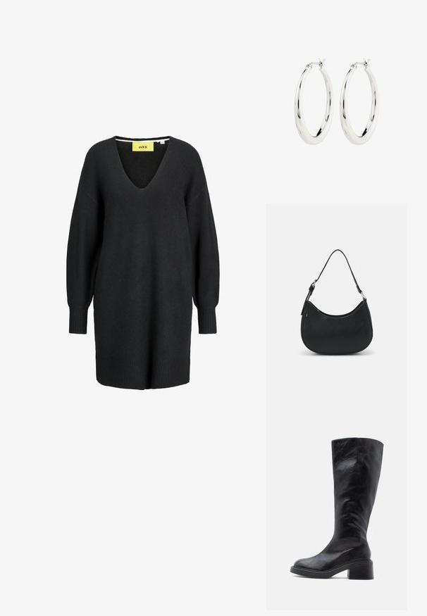 Vestido suéter de punto negro de manga larga con cuello en V y puños y dobladillo acanalados, con una etiqueta amarilla de la marca JJXX en el interior del escote.; Botas de cuero negras hasta la rodilla con un acabado ligeramente brillante, punta redonda y tacón grueso. Presentan costuras mínimas y una textura suave.; Bolso hobo negro hecho de cuero suave con una silueta curva, que cuenta con una sola correa ajustable y detalles de diseño minimalistas.; Pendientes de aro de plata con un acabado suave y brillante. Forma circular, con un cierre seguro. Diseño sencillo y elegante.