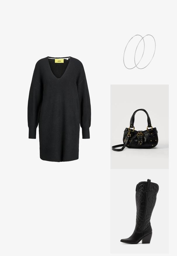 Vestido suéter de punto negro de manga larga con cuello en V y puños y dobladillo acanalados, con una etiqueta amarilla de la marca JJXX en el interior del escote.; Botas negras de cuero hasta la rodilla con punta puntiaguda y tacón apilado. Presentan costuras decorativas y elementos de diseño curvados.; Bolso de cuero negro con hebilla y detalles de remaches dorados, asas cortas y una correa de hombro ajustable sobre un fondo blanco liso.; Pendientes de aro plateados con un diseño minimalista. Forma circular, textura suave y perfil delgado. Livianos con un acabado pulido.