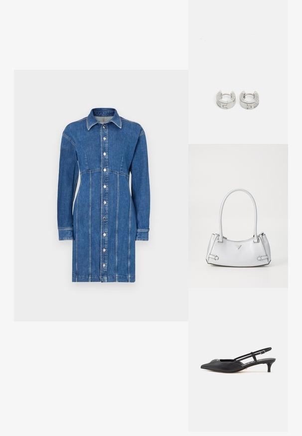 Vestido de camisa de mezclilla en azul medio, con cierre de botones en la parte delantera, mangas largas, cuello con solapa y detalles de costura vertical.; Zapatos slingback negros con punta afilada, hechos de material suave, con un pequeño tacón y un acento decorativo plateado en el empeine.; Bolso de mano plateado con un diseño estructurado, que cuenta con dos asas, textura brillante, herrajes de acento y un logo triangular en la parte frontal.; Guess STYLISH - Pendientes - silver-coloured
