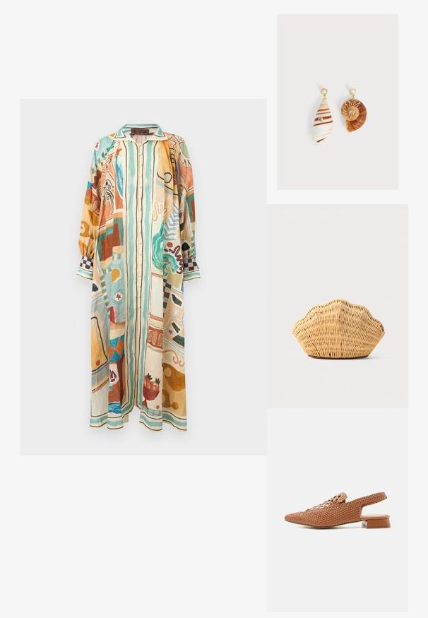 Langærmet skjortekjole med knapper og multicolor abstrakte mønstre i beige, teal, brun, orange og grøn på en løs pasform.; Brun vævet lædersko med slingback, spids tå og lav chunky hæl.; Vævet rattan håndtaske formet som en kammusling med naturlig lysebrun farve og afrundede, strukturerede kanter.; Asymmetriske øreringe med muslingvedhæng, guldfarvede ørestikker med perletoppe og små indlejrede klare ædelsten på hver skal.
