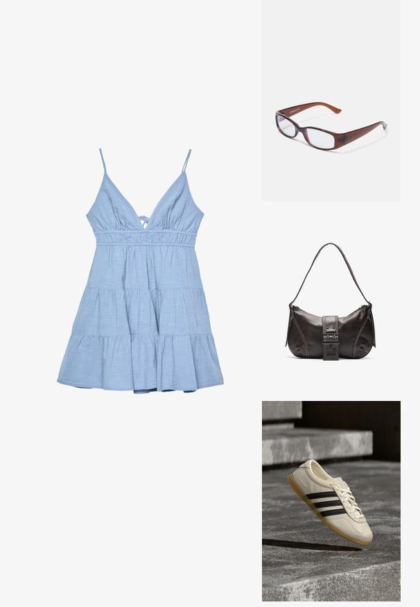 Robe sans manches bleu clair avec un décolleté en V, un corsage froncé et une jupe à volants. Fabriquée en tissu texturé avec des bretelles ajustables.; Baskets blanches avec des bandes noires et une semelle en gomme flottant au-dessus d’escaliers en béton dans une lumière douce du jour.; Lunettes rectangulaires teintées de brun avec une finition brillante, dotées de branches fines et de verres transparents. Logo visible sur la branche gauche.; Sac à épaule en cuir marron avec une forme courbée, présentant un détail de boucle proéminent, des coutures contrastantes et une seule bandoulière.