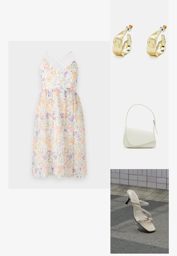 Vestido floral de tejido ligero con colores pastel y un forro transparente, con tirantes ajustables y una falda acampanada.; Sandalia de tacón alto beige con tiras finas y una pequeña hebilla dorada, mostrada sobre un pavimento texturizado frente a una pared alicatada.; Bolso de mano de imitación cuero blanco con una forma triangular estructurada, correa ajustable única y cierre con solapa acentuada en curva.; Pendientes en tono dorado con forma de manos abstractas, que presentan una superficie brillante, detalles intrincados y un poste de plata y oro para un ajuste seguro.