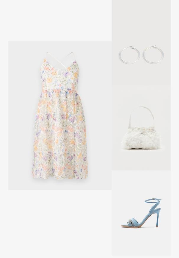 Vestido floral de tejido ligero con colores pastel y un forro transparente, con tirantes ajustables y una falda acampanada.; Sandalia de tacón alto de mezclilla azul claro con correa en el tobillo, puntera abierta y detalle de cremallera plateada y charm en la correa frontal.; Pequeño bolso blanco con rosas de tela que cubren su cuerpo y una delgada correa única como asa, sobre un fondo liso.; Pareja de pendientes de aro plateados brillantes con cierres de alambre delgado, mostrados sobre un fondo gris claro.