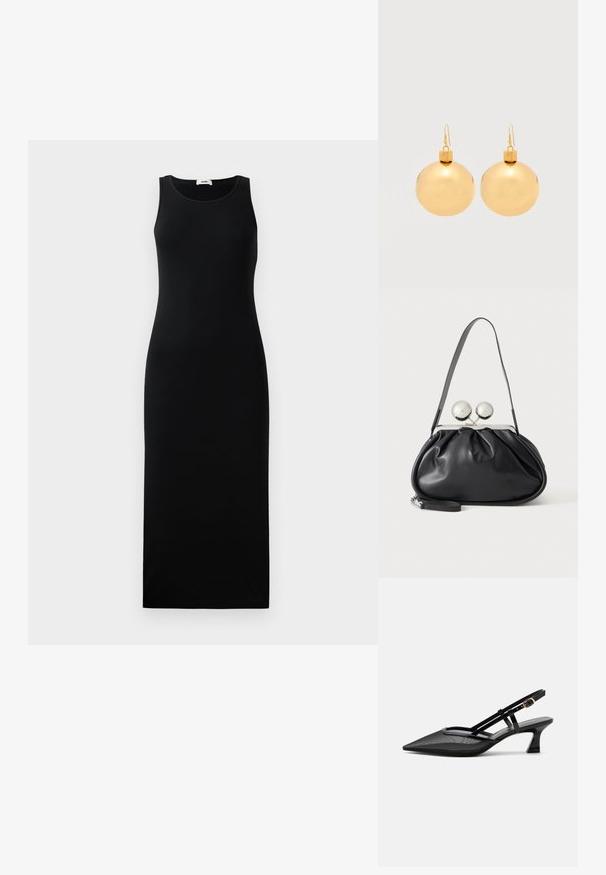 Ärmeloses schwarzes Maxikleid mit rundem Ausschnitt und figurbetonter Silhouette, auf einem schlichten hellen Hintergrund präsentiert.; Schwarzer spitzer Slingback-Schuh mit Mesh-Obermaterial, dünnen Riemen, goldener Schnalle und niedrigem, geschwungenem Absatz auf weißem Hintergrund.; Schwarze Ledertasche mit gerafftem Design, einem einzelnen Riemen, silbernem Metallrahmen und zwei großen runden silbernen Verschlüssen.; Paar glänzende goldene Weihnachtskugel-Ohrringe mit Hakenverschlüssen auf einfachem weißem Hintergrund.