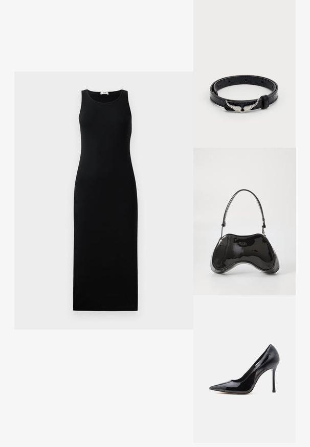 Ärmeloses schwarzes Maxikleid mit rundem Ausschnitt und figurbetonter Silhouette, auf einem schlichten hellen Hintergrund präsentiert.; Schwarzer High-Heeled-Pump mit spitzer Zehenpartie, glänzendem Lackleder-Finish und ausgeschnittenem Design an den Seiten, ausgestattet mit einem schlanken Stiletto-Absatz.; Schwarze Handtasche aus lackiertem Leder mit einer einzigartigen, geschwungenen Form, kurzem verstellbarem Griff und einem Reißverschluss oben. Glatte Textur mit dezentem Branding.; Schwarzes Lederarmband mit glänzender Oberfläche, ausgestattet mit einem silberfarbenen, flügelartigen Verschluss und mehreren Anpassungslöchern.
