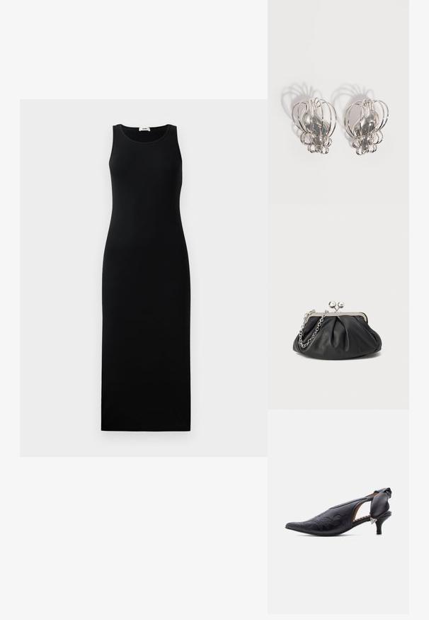 Ärmeloses schwarzes Maxikleid mit rundem Ausschnitt und figurbetonter Silhouette, auf einem schlichten hellen Hintergrund präsentiert.; Schwarzer spitzer Slingback-Pumps aus Leder mit bestickten Details und niedrigem Kitten-Heel, ausgestattet mit einer gepolsterten Schleife und silbernem Dreieck-Akzent.; Schwarze Leder-Clutch mit geraffter Textur, silberfarbener Metallrahmen, Druckverschluss und Kettenriemen. Glatte, weiche Oberfläche.; Paar silberne Metallohrstecker mit offenem Drahtkäfig-Design und glatten zentralen ovalen Formen, die geschwungene Schatten auf einem weißen Hintergrund werfen.