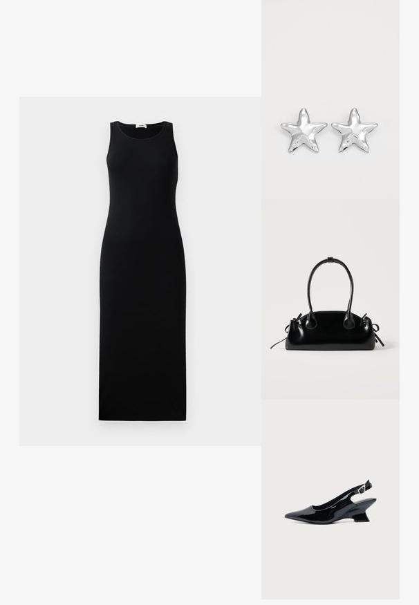 Ärmeloses schwarzes Maxikleid mit rundem Ausschnitt und figurbetonter Silhouette, auf einem schlichten hellen Hintergrund präsentiert.; Schwarzer Slingback-Schuh aus Lackleder mit spitzer Spitze und niedrigem, schrägem Blockabsatz auf einfachem hellem Hintergrund.; Kleine schwarze glänzende Handtasche mit zwei langen Griffen und seitlichen Kordelzug-Details vor einfachem hellem Hintergrund.; Silberne sternförmige Ohrringe mit einer polierten, glänzenden Oberfläche. Jeder Ohrring hat fünf Spitzen und dezente Oberflächentexturdetails.