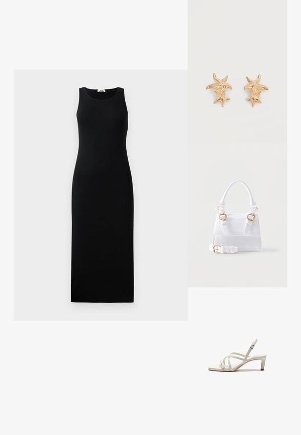 Mouwloze zwarte maxi-jurk met ronde halslijn en aansluitende silhouet, weergegeven op een effen lichte achtergrond.; Zign Klassieke pumps - off white; Witte gestructureerde handtas met een bovenhandvat, twee goudkleurige gespen aan de voorkant en een afneembare verstelbare schouderriem.; Goudkleurige oorbellen met twee getextureerde zeestervormen, een grotere en een kleinere, op elke oorbel tegen een witte achtergrond.