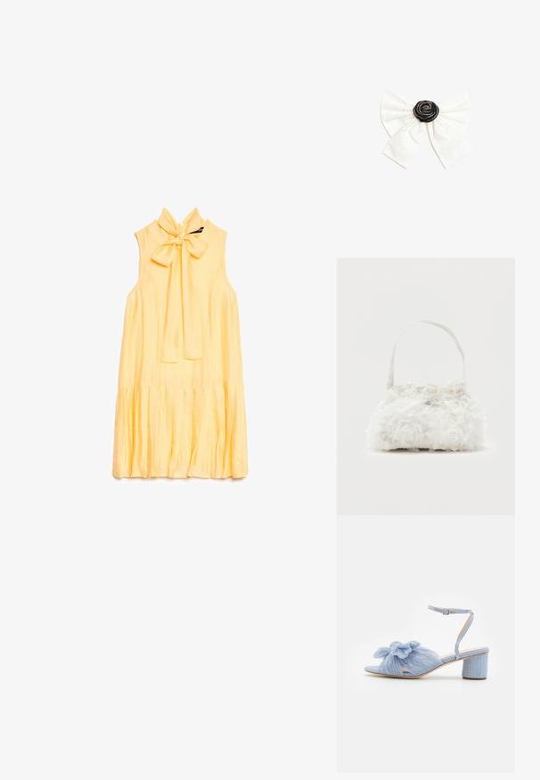 Käeauguta kollane kleit kõrge kaelusega, mis on seotud vööni ja volditud äärtega, asetatud lamedale valgele taustale.; Loeffler Randall DAHLIA BOW LOW HEEL - Sandaalid - blue; Väike valge käekott, mille keha katavad kangasroosid, ja õhukese ühe rihmaga käepide tavalise tausta ees.; Valge kangavibu musta roosetikeskmega, kaunistatud väikeste hõbedaste pärlitega, valgel ühevärvilisel taustal.