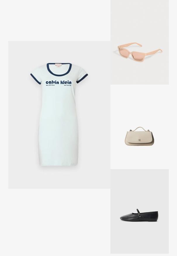 Robe en coton blanche avec une coupe ajustée, encolure arrondie en côtes marine et manches courtes. Présente un texte noir : "calvin klein" et "West 39th Street New York City."; Ballerines noires en cuir avec un bout pointu, une semelle plate et une petite sangle avec un détail de boucle en argent.; Lunettes de soleil rectangulaires couleur pêche clair avec montures épaisses et verres teintés assortis sur un fond uni clair.; Petit sac à main en cuir beige avec poignée supérieure et logo CK argenté sur le rabat avant, présenté sur fond blanc.