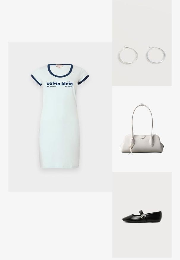Robe en coton blanche avec une coupe ajustée, encolure arrondie en côtes marine et manches courtes. Présente un texte noir : "calvin klein" et "West 39th Street New York City."; Chaussure plate Mary Jane en cuir noir avec bout arrondi et bride à boucle argentée sur fond uni.; Sac à bandoulière blanc Calvin Klein avec longues poignées, forme rectangulaire, fermeture éclair et charm logo décoratif suspendu près de la poignée.; Boucles d’oreilles créoles en métal argenté avec une surface lisse légèrement incurvée et des fermoirs à clapet sur un fond blanc uni.