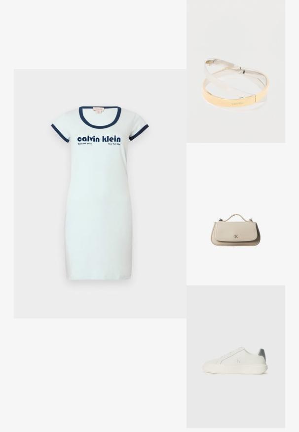 Witte katoenen jurk met een slim-fit ontwerp, rond navy ribbelkraag en korte mouwen. Kenmerkt zwarte tekst: "calvin klein" en "West 39th Street New York City."; Witte sneaker van leer met een gladde textuur, featuring een zilveren accent op de hiel, een platte zool en een minimalistisch ontwerp.; Kleine beige leren handtas met bovenhandvat en zilveren CK-logo op de voorflap, getoond tegen een witte achtergrond.; In elkaar grijpen gepolijste metalen armbanden in zilver- en goudtinten, waarvan er één is gegraveerd met het "Calvin Klein"-logo, op een witte achtergrond.